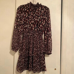 Ruffle Stand Collar Long Sleeve Abstract Dress, Women’s Size